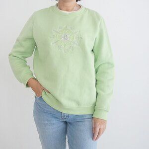 Vintage SW Studios Works Sport Lime Green Embroidered Star Festive Sweater M